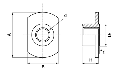 鉄 T型ウエルドナット(溶接)(2A)パイロット付 ダボ無(細目)の寸法図