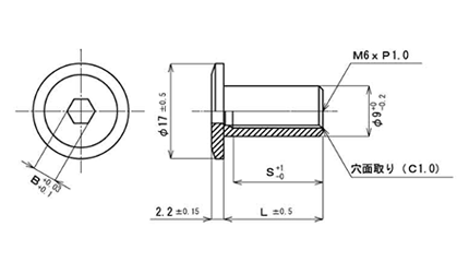 鉄 飾りナット(六角穴 5mm) JCN (頭径D＝17)の寸法図