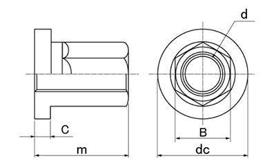 鉄 ツバ付高ナット (インチ・ウイット)の寸法図