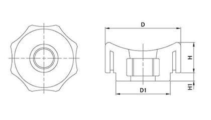 グリップナット(黒PP樹脂) E1貫通タイプ(30mm径) ねじ部鉄 (大丸鋲螺)の寸法図