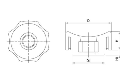 グリップナット(黒PP樹脂) E2貫通タイプ(40mm径) ねじ部鉄 (大丸鋲螺)の寸法図