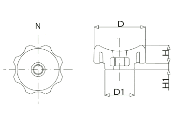 グリップナット(黒PP樹脂) E3貫通タイプ(50mm径) ねじ部鉄 (大丸鋲螺)の寸法図
