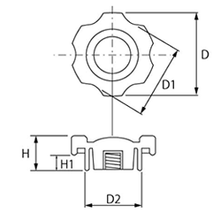 グリップナット 黒 ABS樹脂 G1(小型)菊型 ねじ部黄銅 (大丸鋲螺)の寸法図