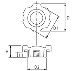 グリップナット 黒 ABS樹脂 G2(中型)菊型 ねじ部黄銅 (大丸鋲螺)の寸法図
