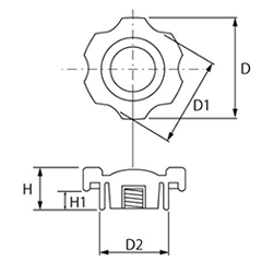 グリップナット 黒 ABS樹脂 G3(大型)菊型 ねじ部黄銅 (大丸鋲螺)の寸法図