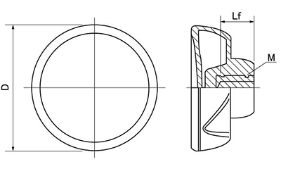 ラージグリップナット(黒ナイロン樹脂)(小型D45) ねじ部黄銅(カドミレス)(大丸鋲螺)の寸法図