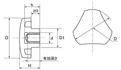 グリップナット S2タイプ 三角形 ねじ部黄銅 (大丸鋲螺)の寸法図