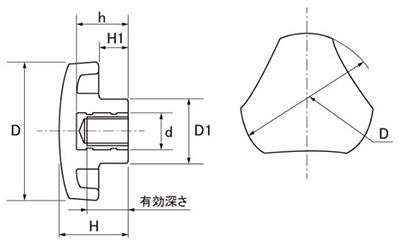 グリップナット S3タイプ 三角形 ねじ部黄銅 (大丸鋲螺)の寸法図