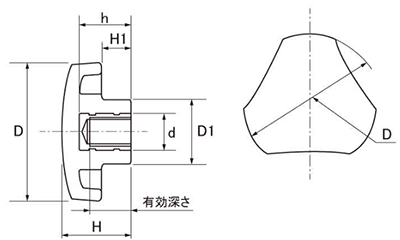 グリップナット S4タイプ 三角形 ねじ部黄銅 (大丸鋲螺)の寸法図