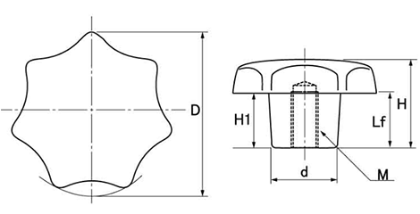 樹脂製 黒色 ソフトグリップナット ネジ部黄銅(樹脂部 ポリプロピレン)の寸法図