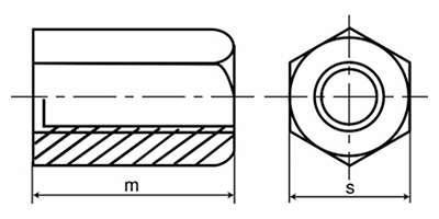鉄 30度 台形六角ナット(TR)(左ねじ) 30割(平径x高さ)の寸法図
