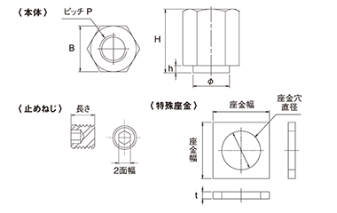 鉄 ロングネジナット座金付き(Aタイプ・出代長タイプ)(アンカーボルト緩み止めナット)の寸法図