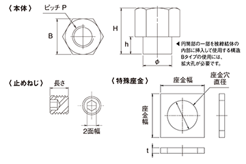 鉄 ロングネジナット座金付き(Bタイプ・出代短タイプ)(アンカーボルト緩み止めナット)の寸法図