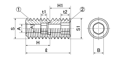 鋼 HLS-T ハードロック セットスクリュー (貫通タイプ)の寸法図