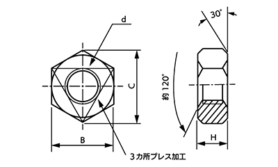 鉄 センターロックナット(3種)(ゆるみ止めナット)の寸法図