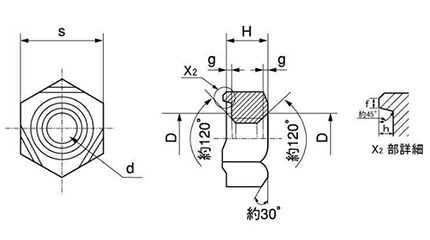 鉄 六角ウエルドナット(溶接) その他細目 2B(パイロット無) (棚原製)(徳用箱)の寸法図