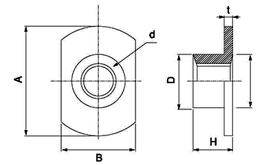 鉄 T型ウエルドナット(溶接)(2B)パイロット無 ダボ無 (大箱ばら入り)の寸法図
