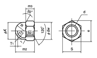 鉄 袋ナット(3形)(インチ・ウイット)(輸入品)の寸法図