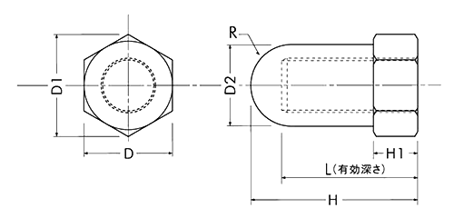 黄銅 ロングキャップナット(袋ナット)スズコバルトメッキ(SCULPS)の寸法図