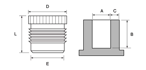 黄銅 インサートナット Cロック CLH61タイプ (加圧式)(ボーセイ)(ROHS2)の寸法図