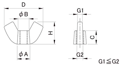 ステンレス 鍛造蝶ナット(1種)(インチ・ウイット)の寸法図