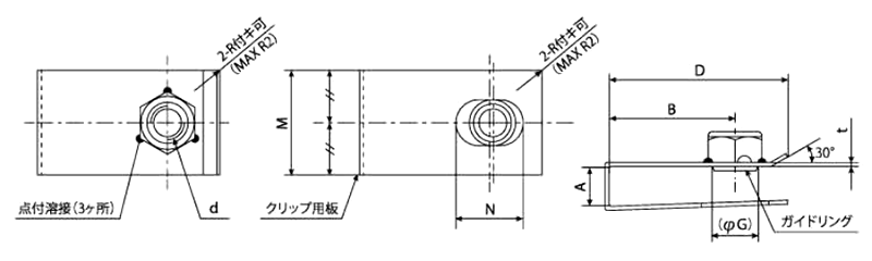 ステンレス クリップUナット(板挟み込み式ナット)(CU-T1)の寸法図