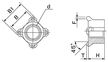 ステンレス 四角ウエルドナット(溶接) 1D形(パイロット無)(細目)の寸法図