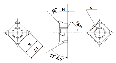 ステンレス 四角ウエルド(溶接)センターロックナットの寸法図