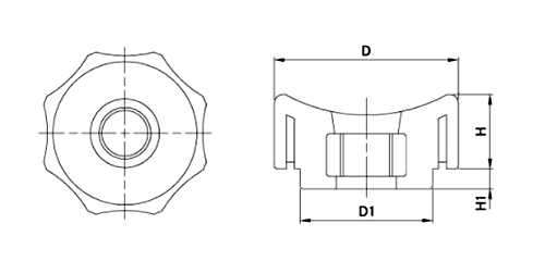 グリップナット(黒PP樹脂) E1貫通タイプ(30mm径) ねじ部ステンレス (大丸鋲螺)の寸法図