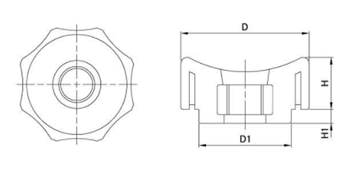 グリップナット(黒PP樹脂) E2貫通タイプ(40mm径) ねじ部ステンレス (大丸鋲螺)の寸法図