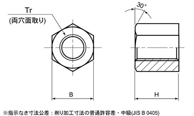 ステンレス304 30度 台形六角ナット(TR)(1種 並形)(平径x高さ)の寸法図