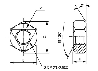 ステンレス 六角センターロックナット(3種)の寸法図