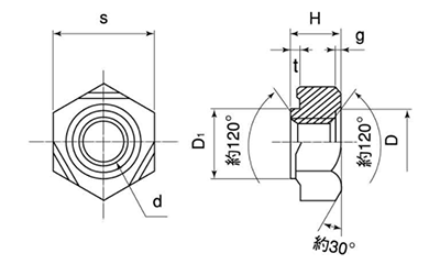 ステンレス 六角ウエルドナット(溶接) 1A形(パイロット付き)(ケーエム精工品)の寸法図