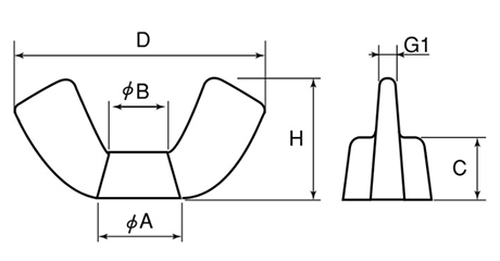ステンレス 冷間蝶ナット(2種)(Rタイプ)(輸入品)の寸法図