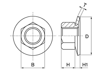 ステンレス 皿形座金付ナット(コート付) (インチ・ウイット)(輸入品)の寸法図