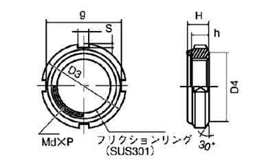 鋼 S45C(H)(焼入れ) ファインUナット(左ねじ)(ベアリング用)の寸法図