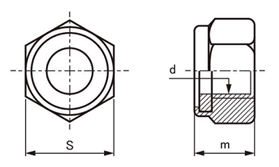 鋼 S45C(H)(焼入れ) ナイロンナット(2種)の寸法図