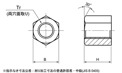 鋼 S45C 30度 台形六角ナット(TR)(1種 並形)(平径x高さ)の寸法図