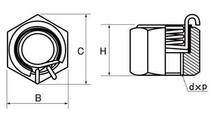 鋼 S45C ハイパーロードナット(ゆるみ止めナット)の寸法図