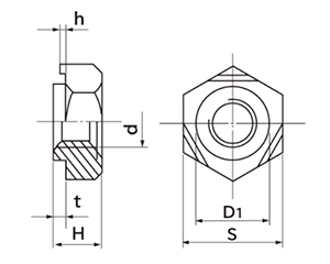 ステンレス SUS316 六角ウエルドナット(溶接) DIN規格(パイロット付き)(ボサード製)の寸法図