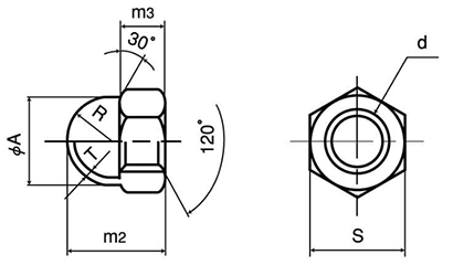 ステンレス SUS316L(A4) 袋ナット(3形)の寸法図