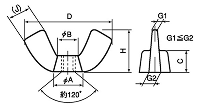 ステンレス SUS316L(A4) 冷間蝶ナット(Rタイプ)(三星製)の寸法図