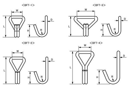 水本機械 ステンレス ワイヤーフック (BFT)の寸法図