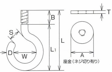 水本機械 ステンレス 吊りフック カットアンカー付き(QH)(ミリネジ)の寸法図