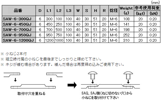 水本機械 ステンレス 連結Sカン(Q＆J)(SAW-6-QJ)の寸法表