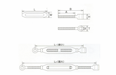 水本機械 ステンレス 枠式ターンバックル A&A(丸環・組合せ自由品)の寸法図