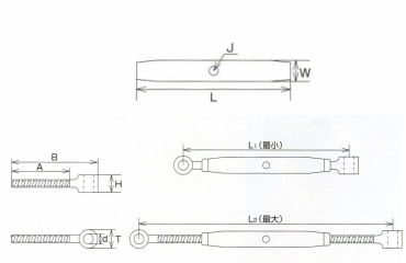 水本機械 ステンレス パイプターンバックル A&A(丸環・組合せ自由品)の寸法図