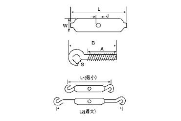 水本機械 ステンレス パイプターンバックル(フック&フック)の寸法図