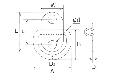 水本機械 ステンレス グランドフック(両押さえ型)の寸法図