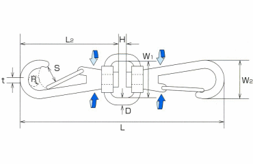 水本機械 ステンレス スイベルダブルフックの寸法図